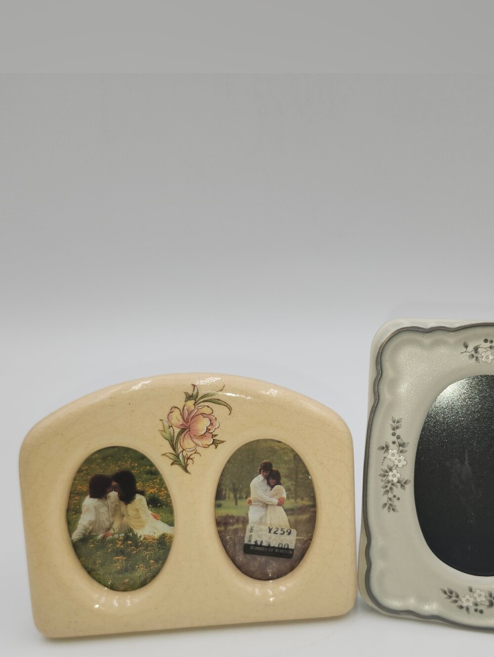 2 Vintage Ceramic Double Oval Small Photo Frame in Cream  Floral Accent